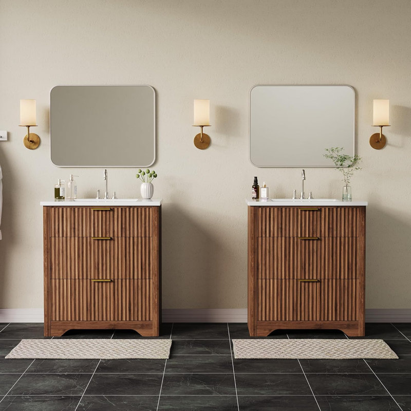 24" Fluted Bathroom Vanity with Sink, Farmhouse Freestanding Vanity Cabinet with 2 Drawers & Flip Drawer, Easy Clean, Walnut