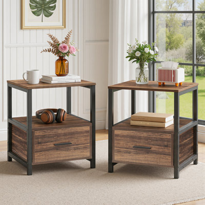 Bedside Table with 1 Drawers, Modern End Side Table with Storage Shelves, Metal Frame Nightstand for Bedroom, Living Room