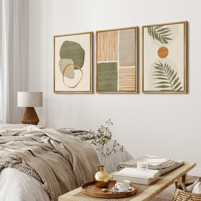 Mid Century Modern Boho Organic Tropical Leaf Abstract  Framed Canvas 3 Pieces Print Wall Art