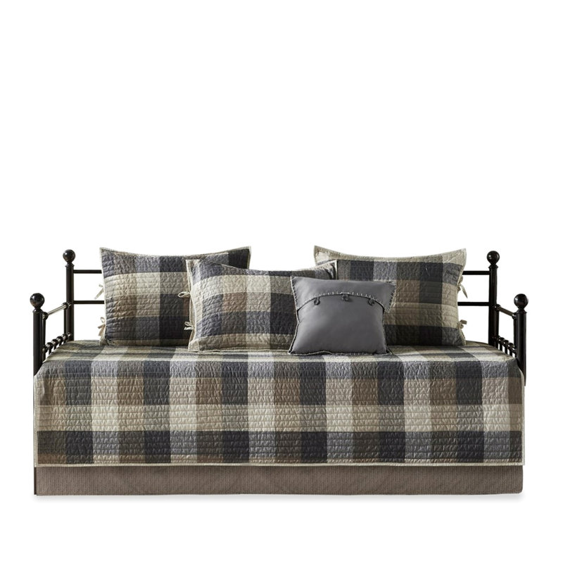 Reversible Plaid Daybed Cover - 6 Pieces Fits Twin Size Mattress With And Decorative Pillow 90% Cotton Filling Solid