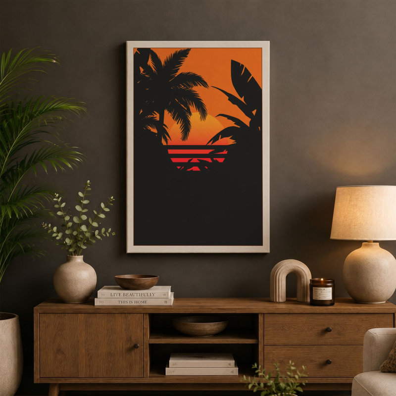 Sunset Palms Coastal - Wrapped Canvas, 36x24 - 91.4 x 61.0 cm, Terracotta Border