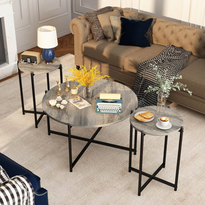 Round Coffee Table Set Of 3, 1 Coffee Table & 2 Sofa Tables, Living Room Table Set With Round Tabletop And Metal Cross Base Frame For Apartment, Offic by Ebern Designs