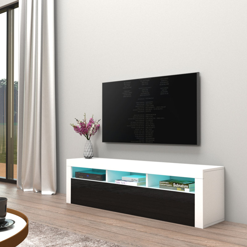 Vesperina Modern TV Stand with 16-Color LED Lighting, High Gloss Finish, White/Black
