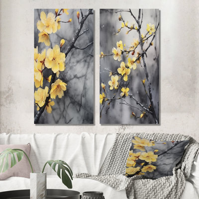 Fleurs de cerisier jaunes et grises - ensemble de 2 reproductions d'art mural cerisier