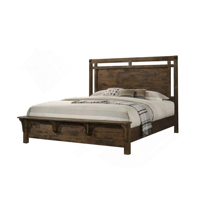 1pc Rustic Industrial Style Brown Finish Queen Size Panel Bed w Built in Bench Footboard