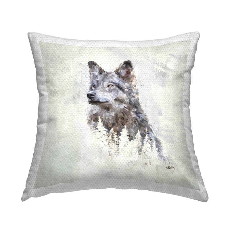 Conception de coussin d'extérieur rustique imprimé loup et arbres par Sally Kaye Barlow / Makaio Design
