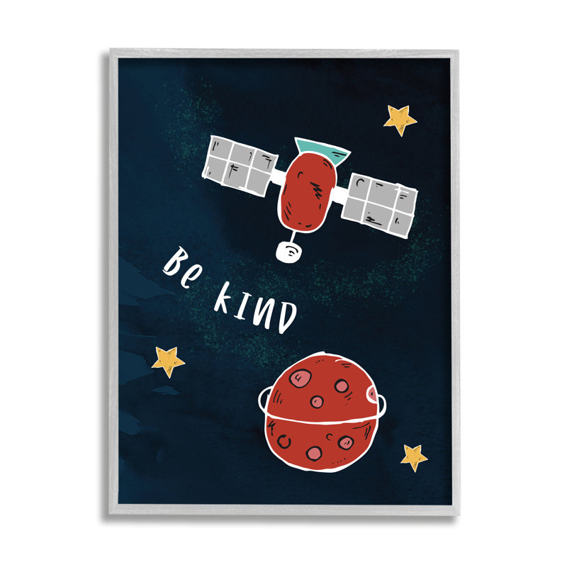 Be Be, phrase, planète rouge, satellite et étoiles, Cadre gris, H 20 po x l 16 po x P 1,5 po
