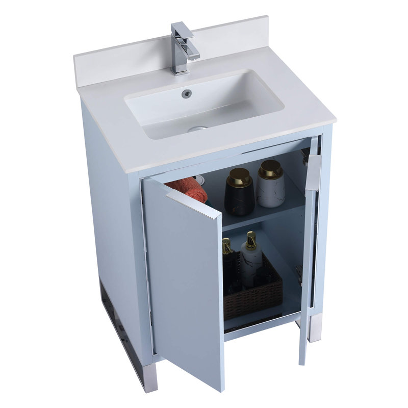 Meuble-lavabo sur pied simple avec comptoir en pierre Geryl, Vert menthe, Chrome chrome, 24"W