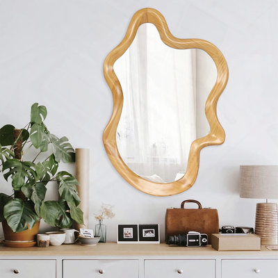 Irregular Shaped Wall Mirror Natural Wood Frame Easy Mounting