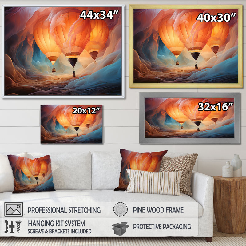 Coral Hot Air Ballon Ethereal I - Transportation Wall Art Prints, Cadre naturel flottant, H 30 po x l 40 po x P 1,5 po