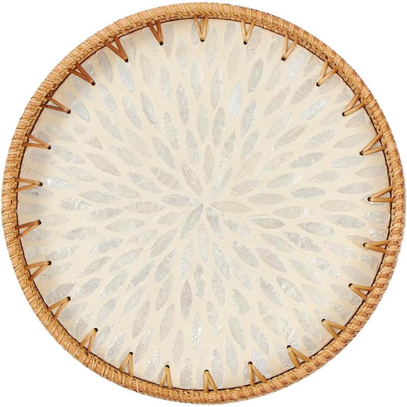 Plateau de service en rotin avec base en bois