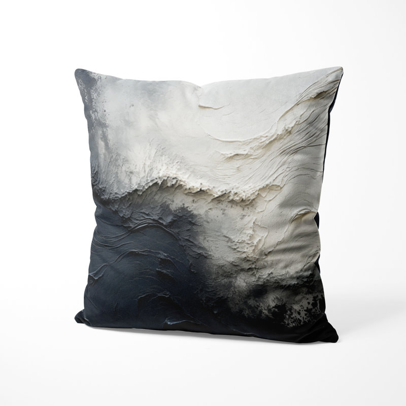 Coussin décoratif crème imprimé - Minimalisme peinture en noir et blanc Wave I, H 16 po x l 16 po