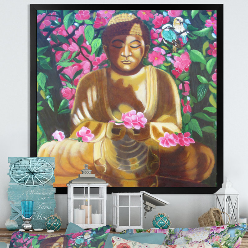 Bouddha avec fleurs mauves - œuvre d'art traditionnelle sur toile, H 30 po x l 30 po x P 1 po