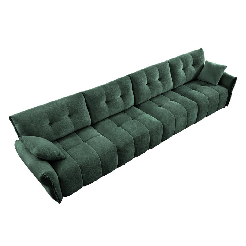 Dejong Chenille Tufted 4-Seater Sectional Sofa with Pillows, Green Chenille, 35.43" H x 141.75" W x 33.43" D