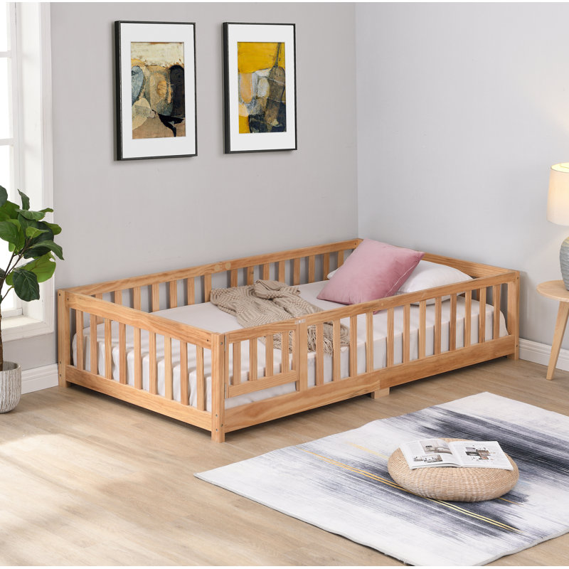 Queen Size Floor Bed with Door,Solid Wood Platform Bed Frame with Fence,Suitable for children,Pine Wood, Natural