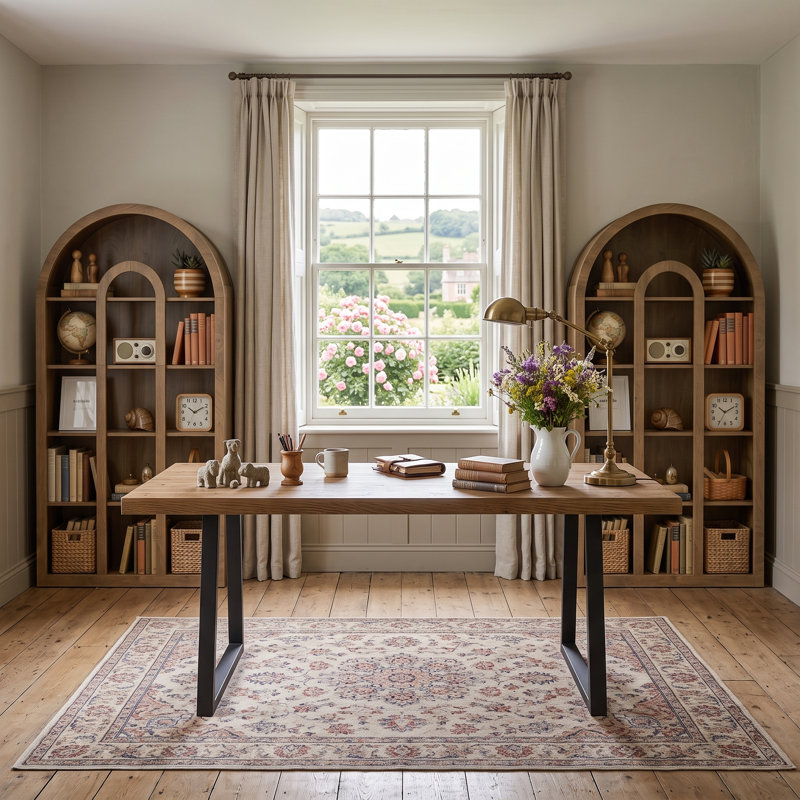Ensemble de bureau à la maison Farmhouse, bureau de direction en bois massif de 63 po avec bibliothèque arquée autoportante rétro à 5 niveaux