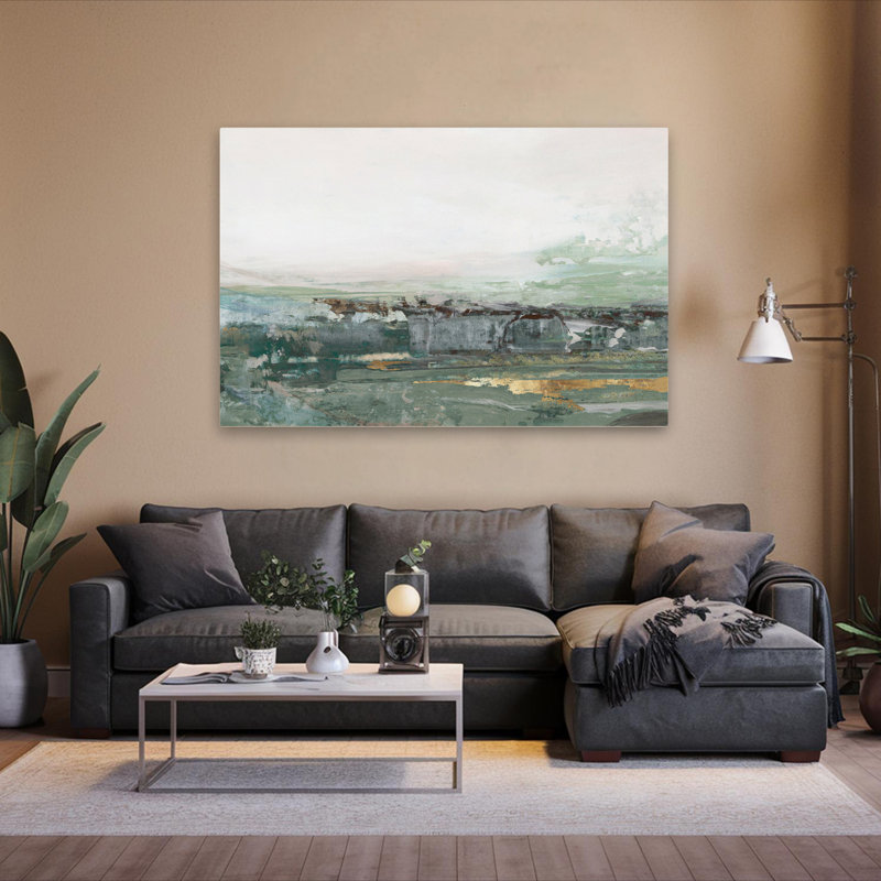 «Misty Horizon Over Weathered Landscape», paysage abstrait et paysage marin abstrait, art texturé, H 40 po x l 60 po