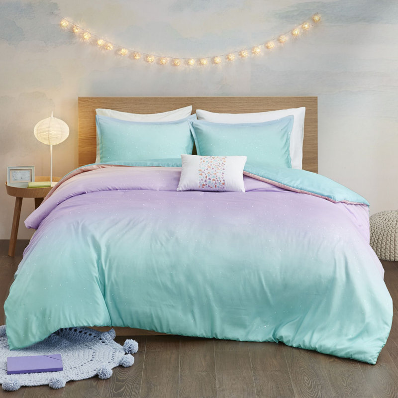 Full/Queen Aqua and Pastel Purple Ombre Glitter Duvet Cover Set