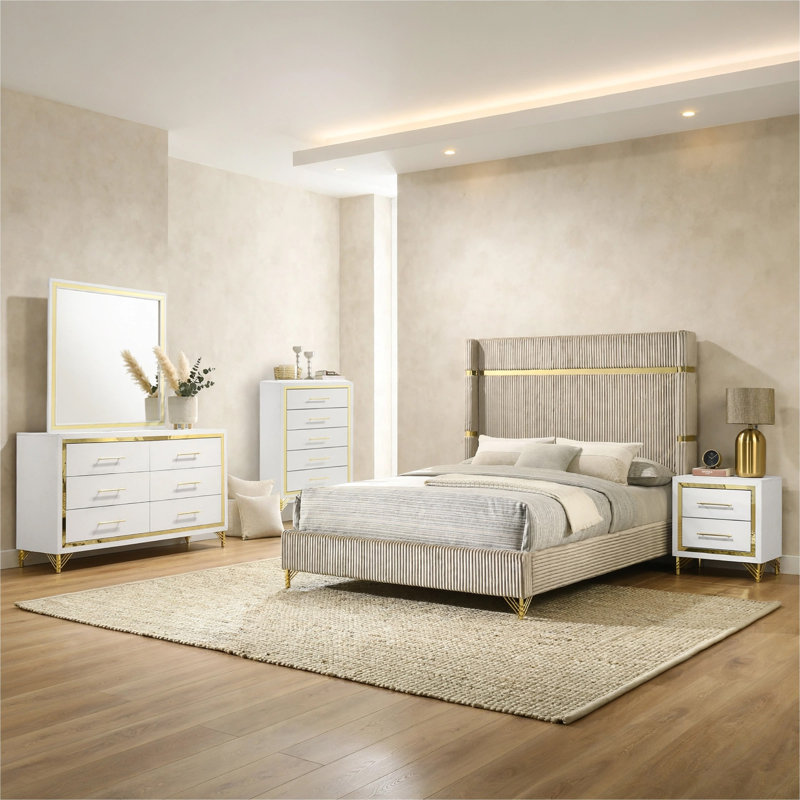 Ensemble de chambre à coucher 5 pièces Jenny, Black/Grey/Clear/Chrome Silver, Grand lit