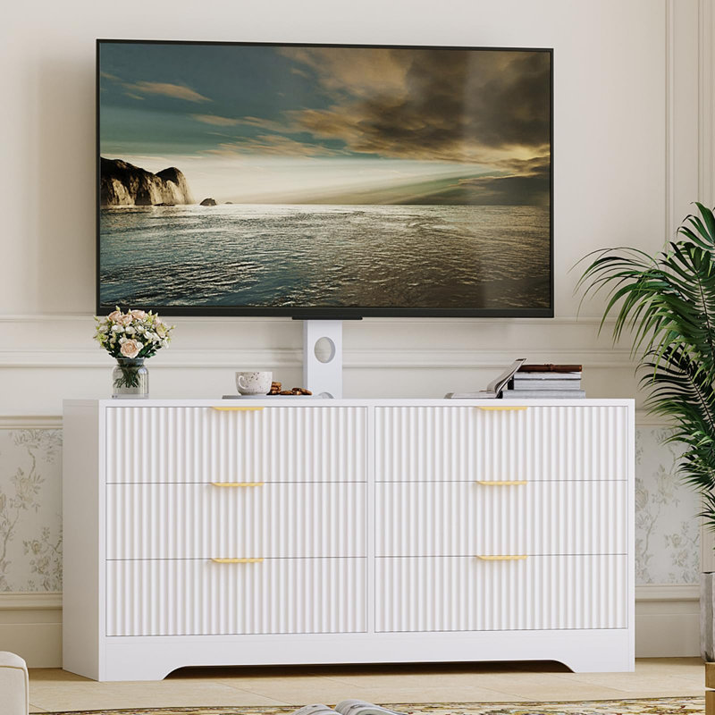 Meuble télé avec support pour téléviseur de 32 à 85 po, meuble télé moderne avec 6 tiroirs et support réglable, Blanc