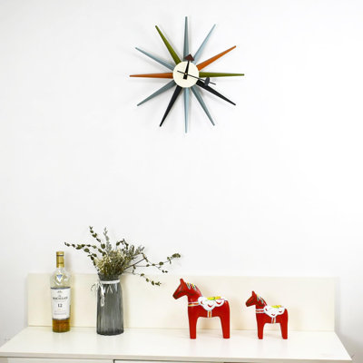 18 inch large sunset colored wall clock, medieval modern Battery powered, silent and tick free quartz, multi colored solid wood spokes, vintage decoration, suitable for living rooms, kitchens, and offices