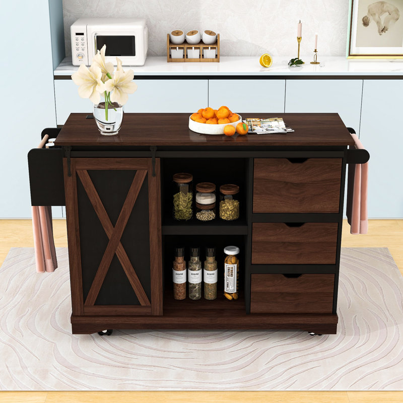 Kitchen Island with Drop Leaf, Barn Door, Power Outlet, 3 Drawers, Adjustable Shelf and Spice Rack, Black
