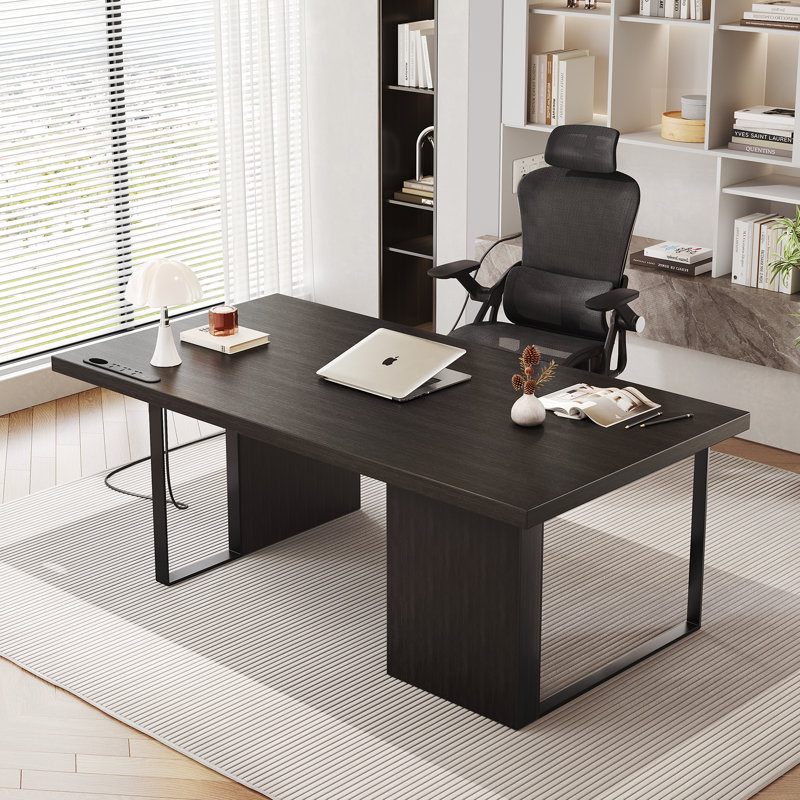 60-inch Executive Desk With 2" Thick Desktop And Built-in Power Outlet, Black
