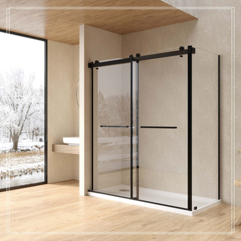 Porte coulissante double en L, verre trempé de 8 mm, poignées en acier inoxydable, rails de guidage carrés, noir mat