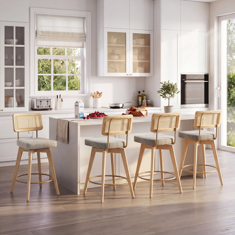 Tabourets de bar pivotants Anandi 66,5 cm (26,2 po) de style moderne du milieu du siècle, avec dossier en rotin et structure en bois massif