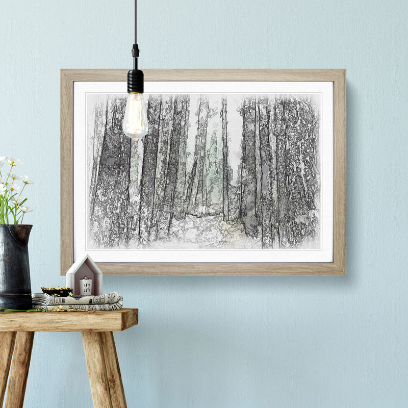 View of a Pine Tree Forest Sketch - Picture Frame Graphic Art Print, 62cm H x 87cm W x 2cm D, Oak Framed