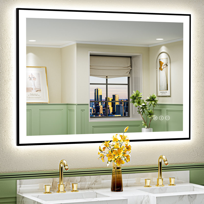 Tyeishia Matte Black Matel Framed LED Bathroom Mirror with Front-lit and Back-lit, Memory Function, 3 Color Temperatures & Dimmable Light, Anti-fog Tempered Glass