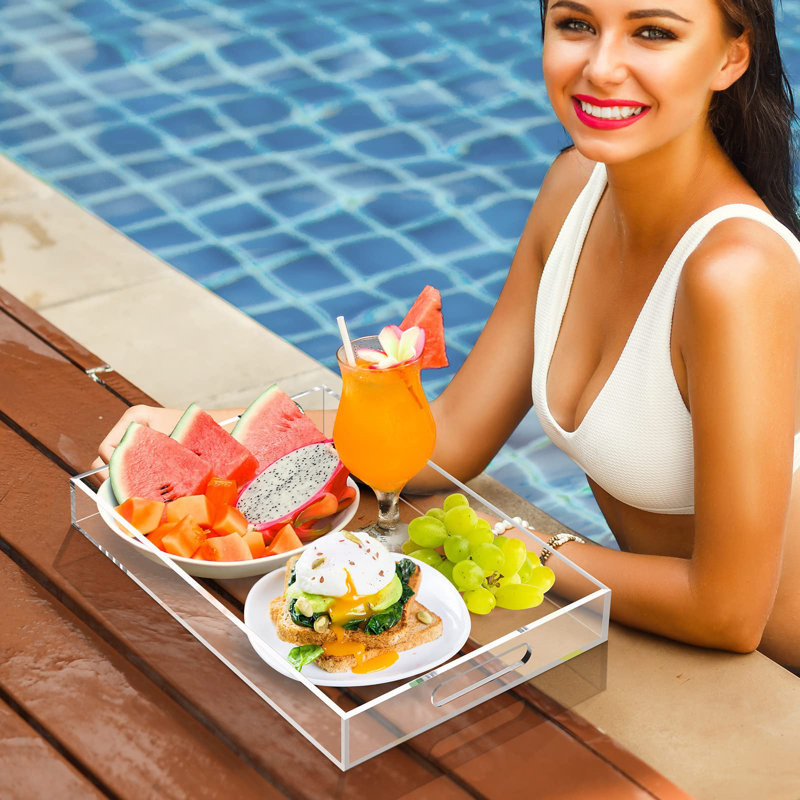 Acrylic Serving Trays With Handles, 16"X 12" Rectangle Sturdy Breakfast Tray, Decorative Trays Organiser,Clear
