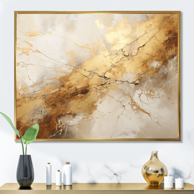 Beige And Gold Marble Lightning I - Abstract Shapes Framed Canvas Print Wall Art