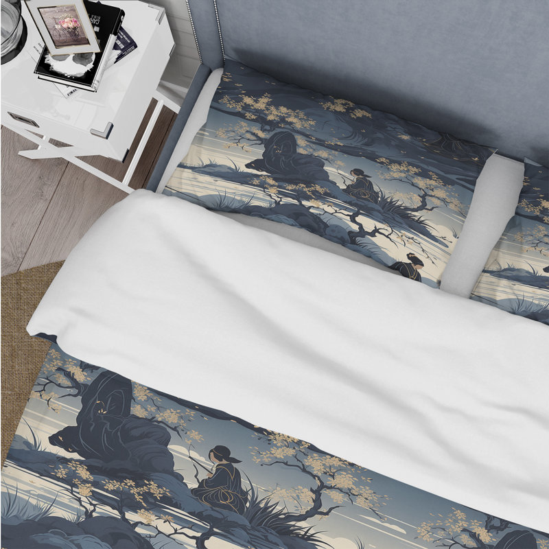 Literie de silhouettes de Samouraï bleu du Japon, Housse de couette pour très grand lit et 2 très
