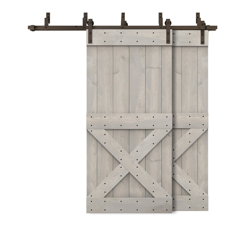 Porte de grange à double bricolage avec panneau coulissant en bois teinté Mini X Series, 76 po x 84 po, Gris argenté