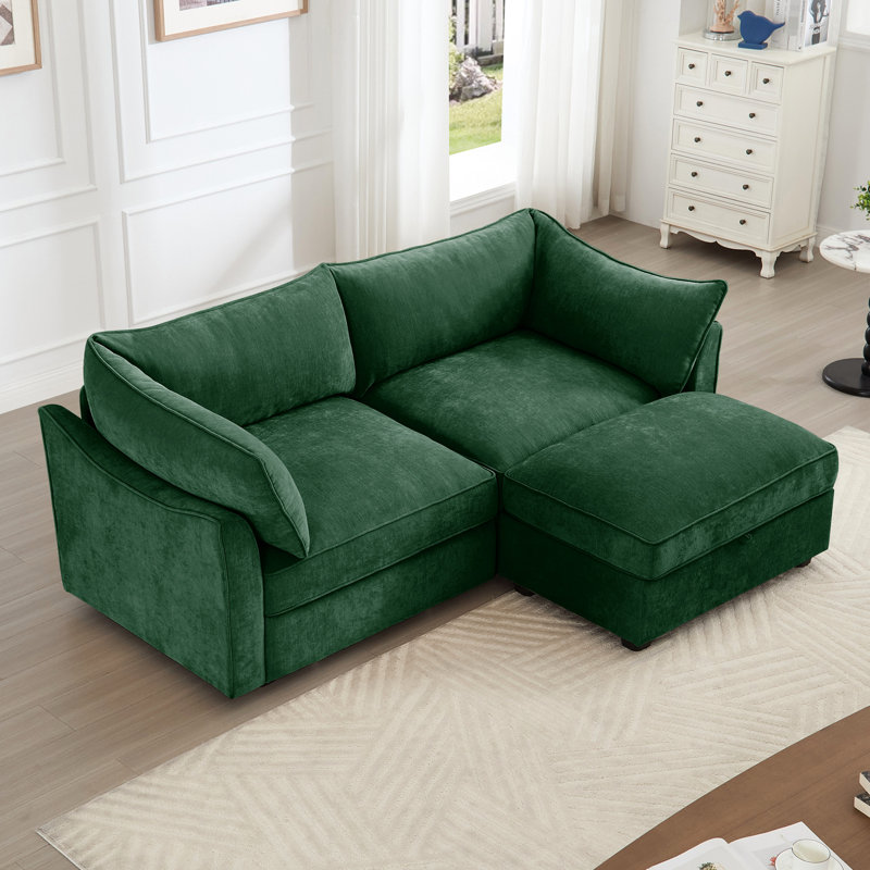 Chenille 2 - siège avec repose-pieds et tiroir de rangement coulissant sous chaque siège, coussins d'accoudoirs enveloppés en forme de croissant, passepoil sur les bords des coussins, cachette sur les sièges, chenille douce