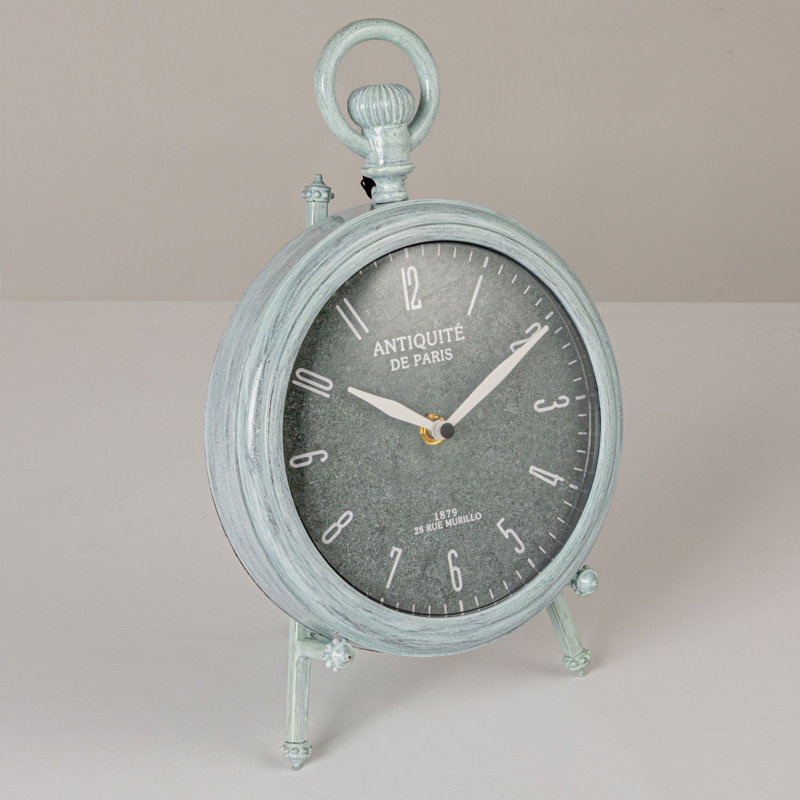 Antique White Mantel Clock With Pewter Finish And Iron Base