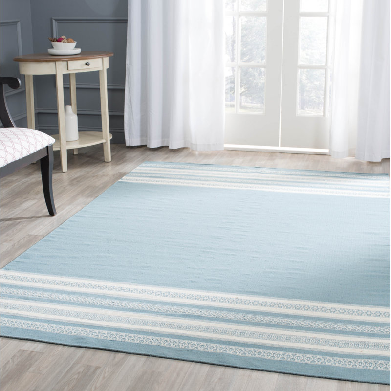 Rodgers Hand Woven Flat Weave Wool/Cotton Striped Rug in Turquoise, Rectangle 4' x 6'