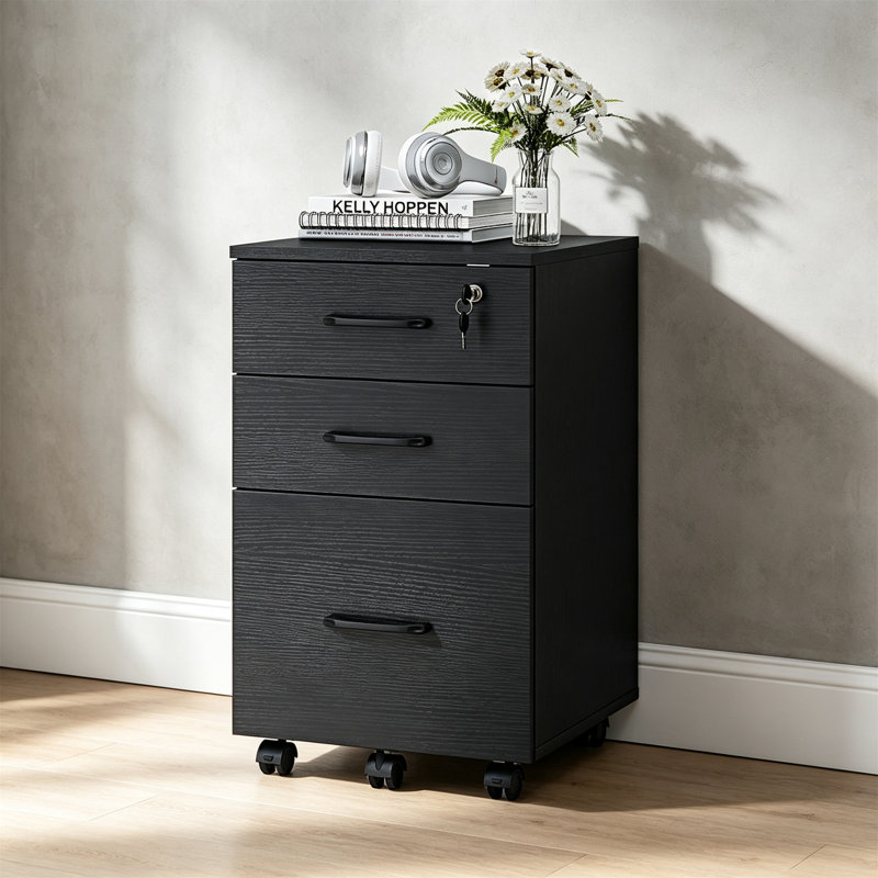 3 Drawer Wooden Mobile File Cabinet, Black
