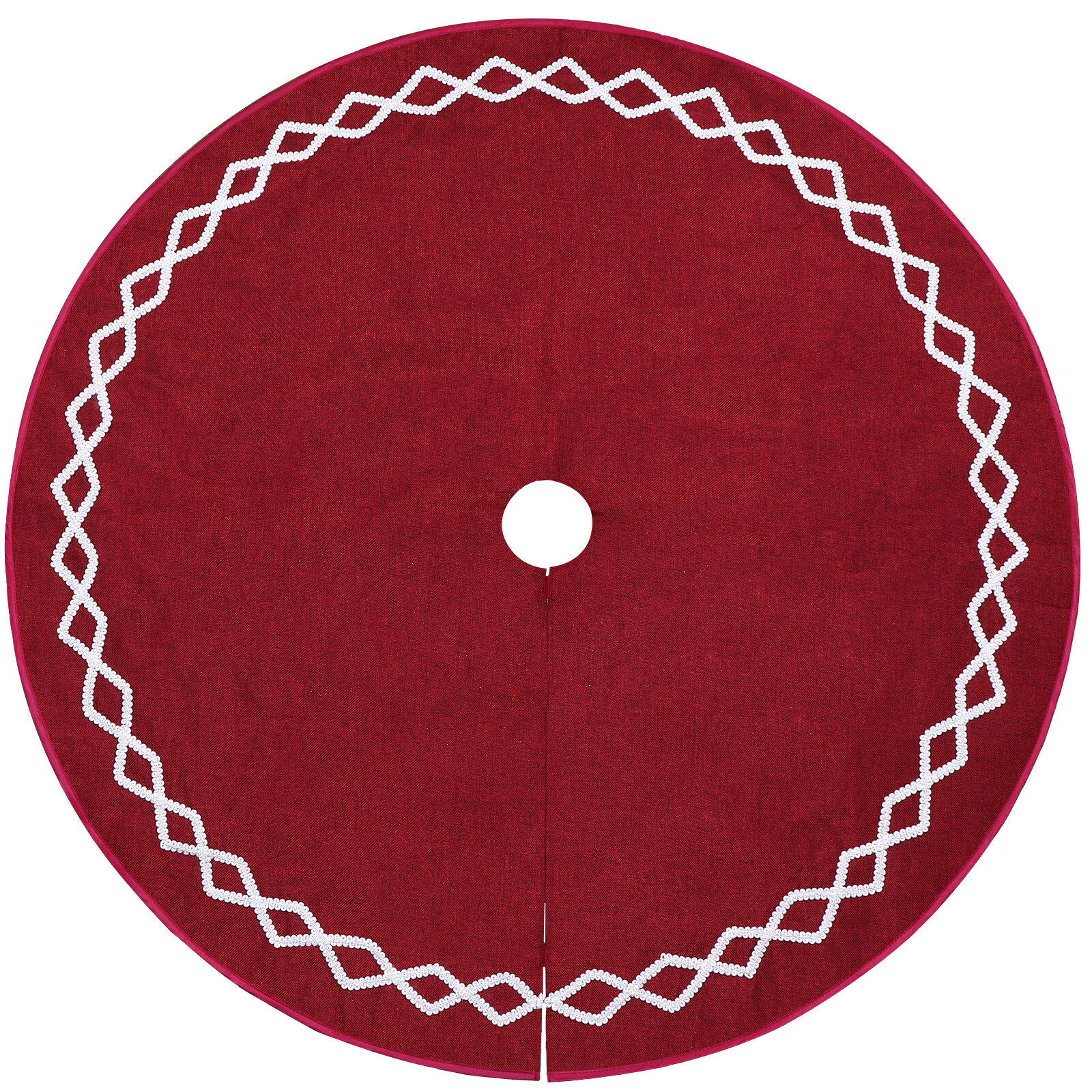 48 Inch Burgundy Tree Skirt With Silver Sequined Edge