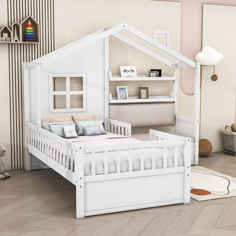Abin Twin Size Wood House Bed with Two Drawers,Seat and Shelf, White