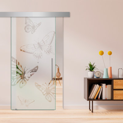 Frameless Glass Sliding Barn Door with Sandblasted Modern Design + Hardware Kit (Semi-Private)
