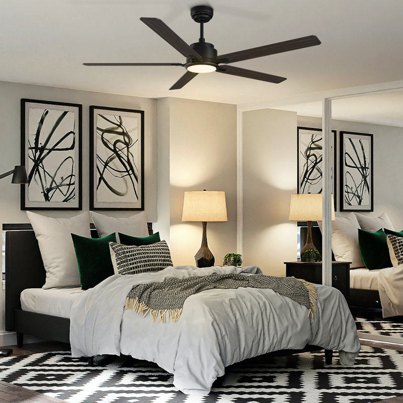 Ventilateur de plafond 60 "à courant continu avec lumière DEL, télécommande et tige verticale, Noir