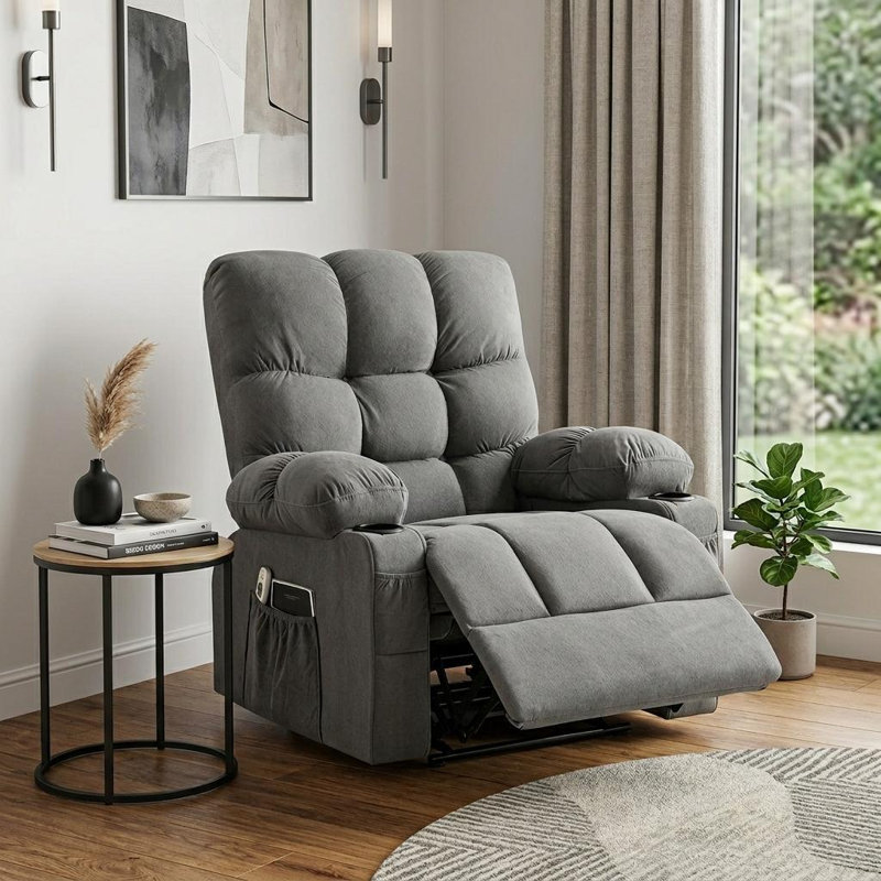 39" Gray Tufted Chenille Heated Massage Swivel Rocker Recliner With USB