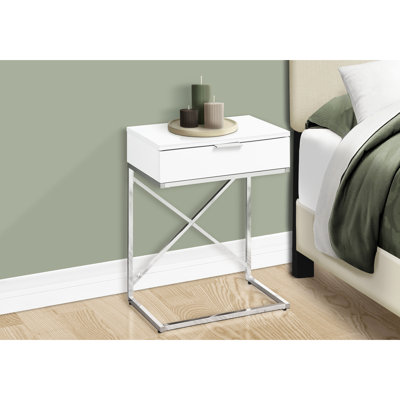 Modern Nightstand With Rectangular Glossy White Table Top And Metal Frame For Bedroom End Spacious Minimalist Living Area