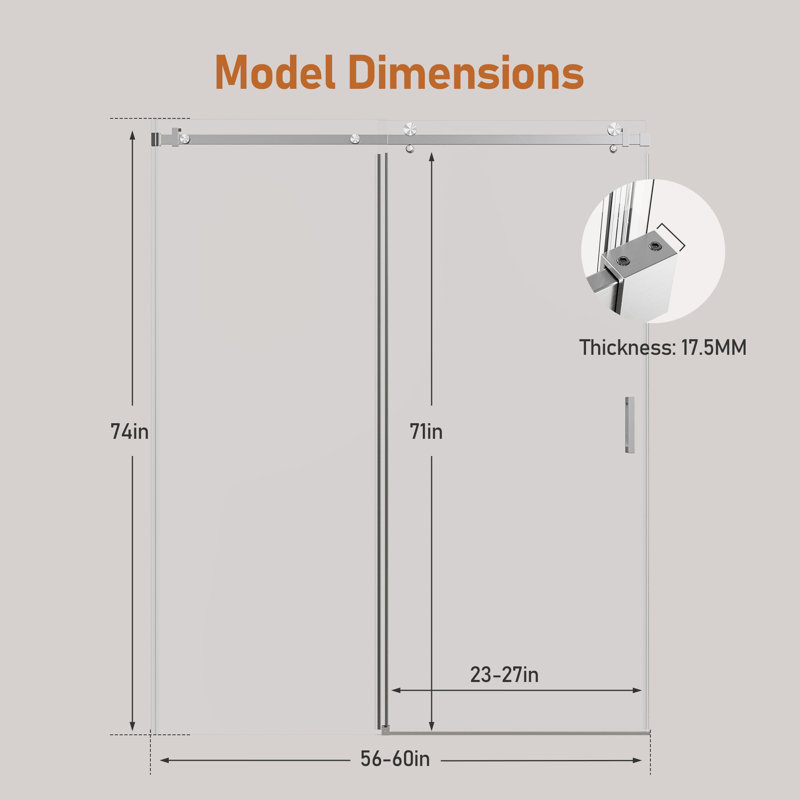 56"-60" W X 74" H Frameless Single Sliding Shower Door,  5/16" (8Mm) Thickened Upgrade Tempered Glass Door, Smooth Roller Stainless Steel Hardware, Reversible Mounted Modern Bathroom Enclosure