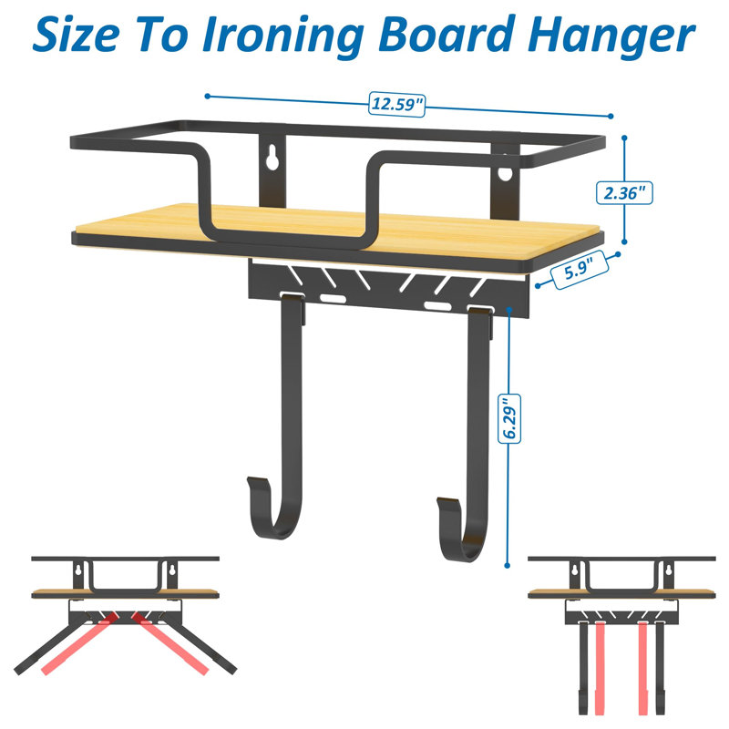 Ironing Board Hanger with Removable Hooks, Ironing Board Holder Wall Mount , Black