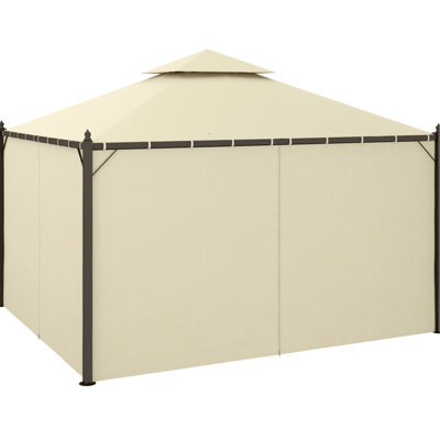 10' X 12' Gazebo. Steel Frame, Curtains For Privacy. Ideal Backyard Gatherings. Beige Outdoor Gazebo With Construction. Privacy Curtains, Double Canopy. Functional Structure.