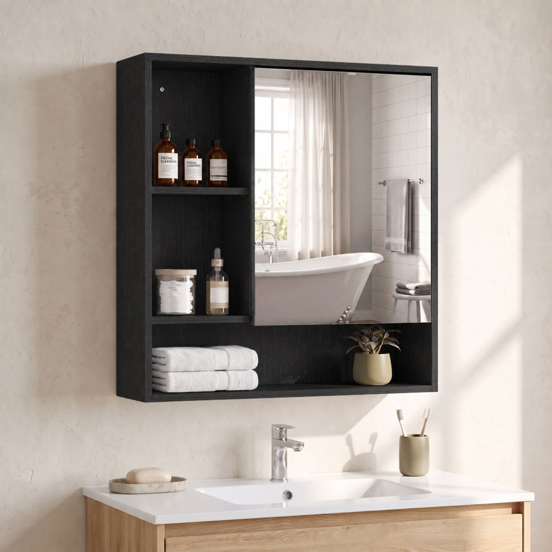 Bathroom Mirror Cabinet, Wall-Mounted, Adjustable Shelves, Black