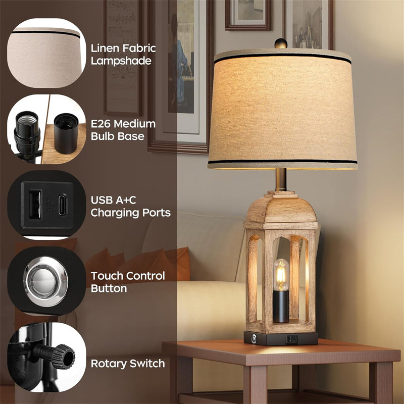 Lampe de table pour le salon, ensemble de 2 lampes de ferme avec USB A + C et veilleuse, lampes de chevet rustiques de 26 po avec commande tactile à intensité variable à 3 voies, lampe de table de chevet pour le décor de la chambre à coucher, grain de bois